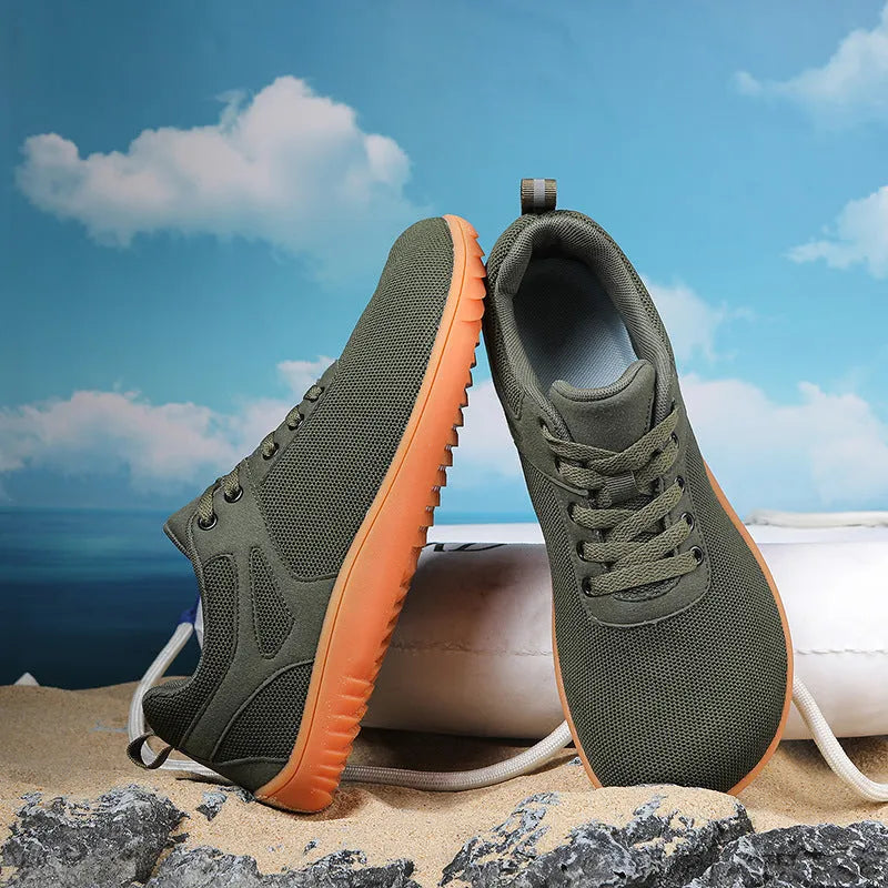 Wide-toe running sports shoes with breathable mesh upper and low-heel beef tendon sole in neutral colors