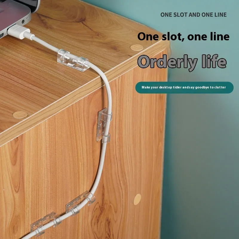 Transparent plastic self-adhesive cable organiser clips in four size options for wire management