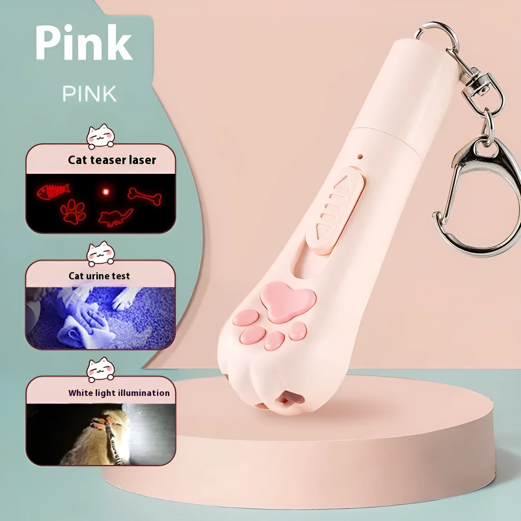 USB rechargeable cat laser pen toy in cream white, pink, and sky blue colours