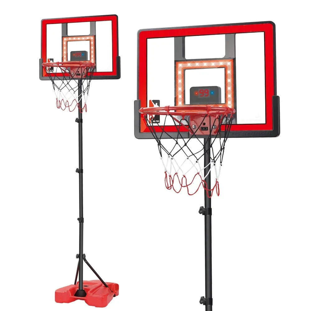 Mute Scoring Dunk Outdoor Folding Basketball Hoop with LED Backboard in red, height adjustable 152-180cm