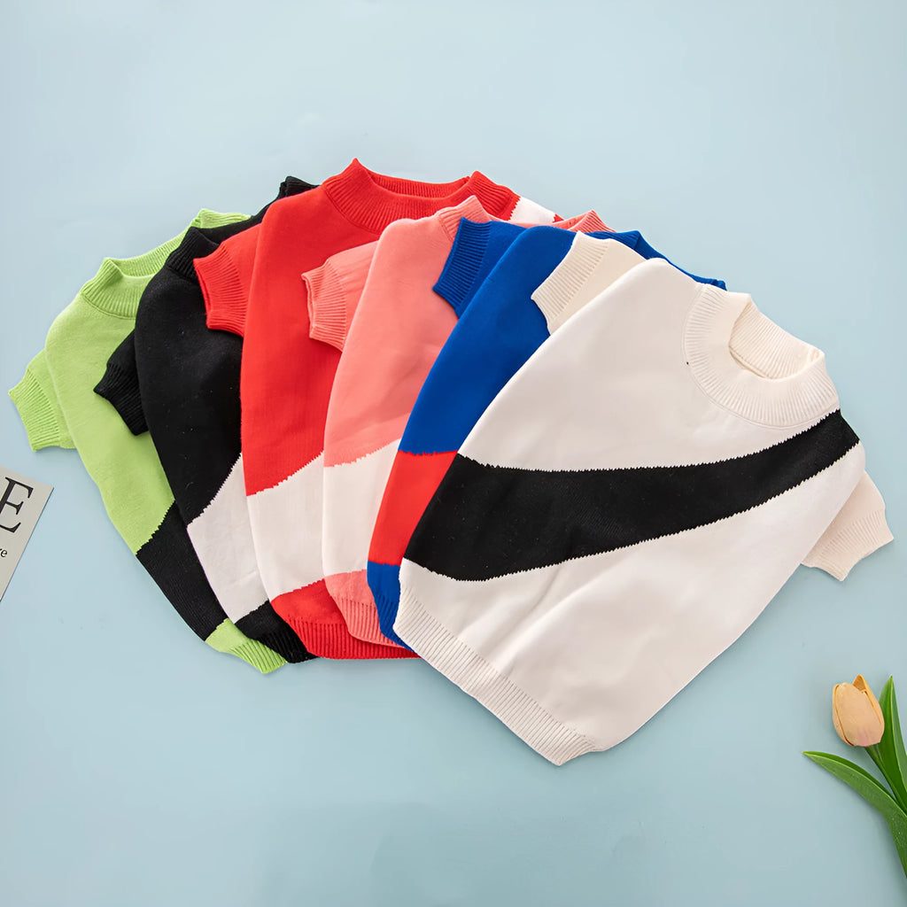 A colourful wool knit dog jumper for small breeds like a Corgi, shown in light green and other colour options.
