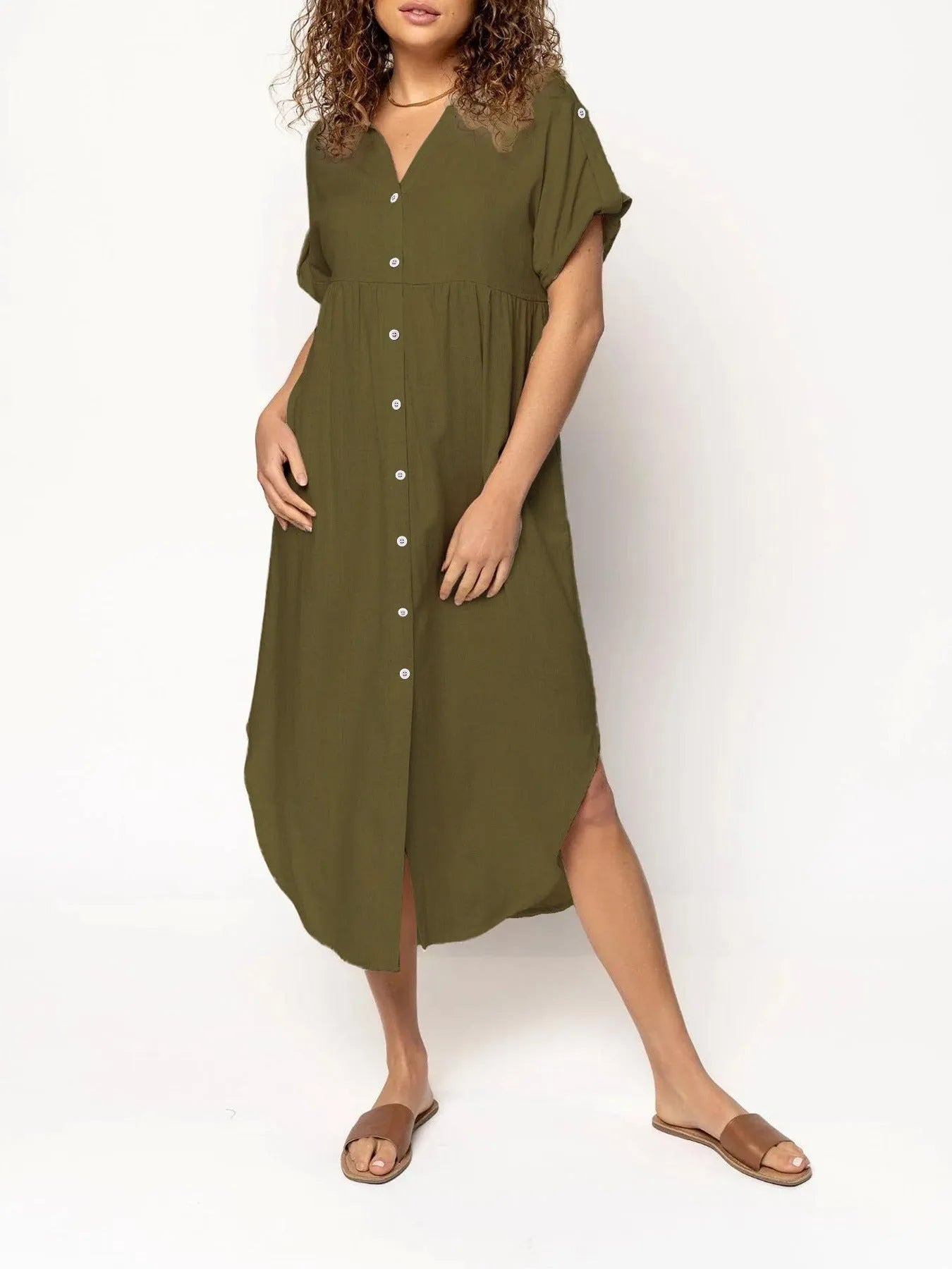 Button-front mid-length casual dress in solid colours with regular sleeves and polyester fabric