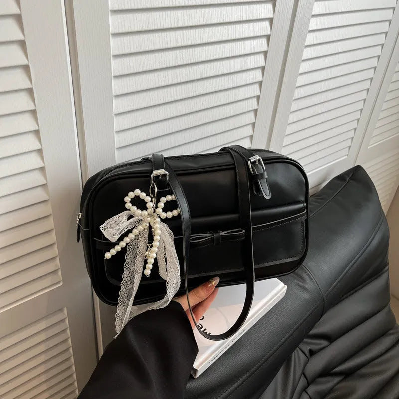 Single-shoulder flap bag with silk scarf pearl bow ornaments in horizontal square shape