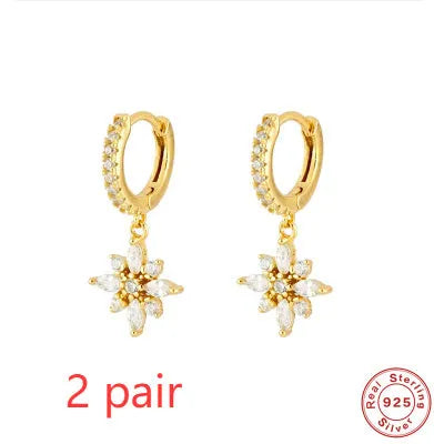 S925 sterling silver diamond snowflake pendant earrings in yellow gold and white gold colour options