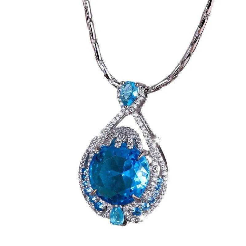 Blue crystal fireworks cut pendant necklace on geometric alloy water wave chain