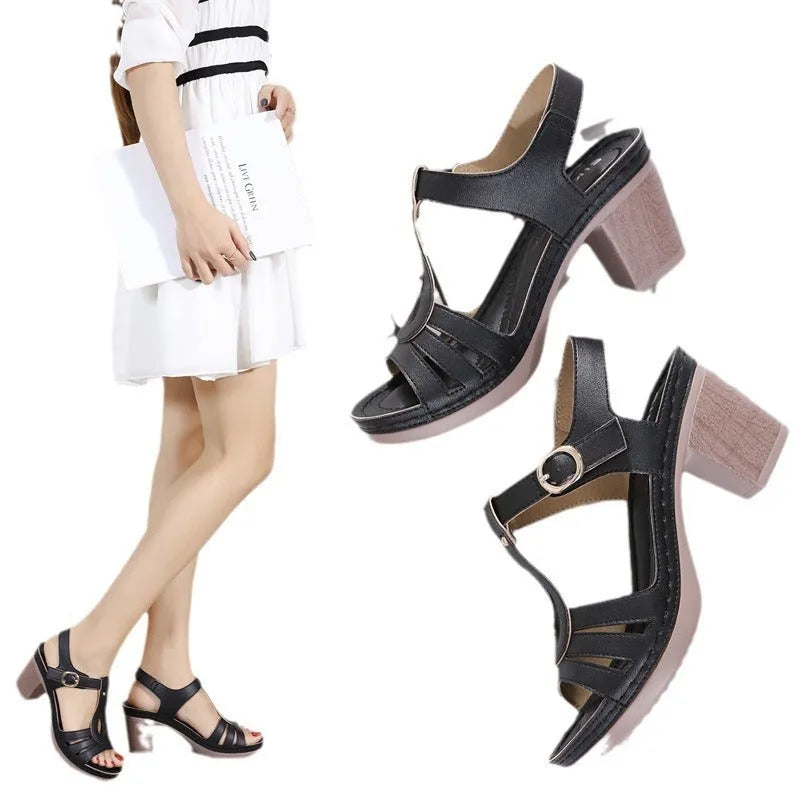 Women's patent leather thick high heel sandals with round toe and metal buckle detail in apricot colour.