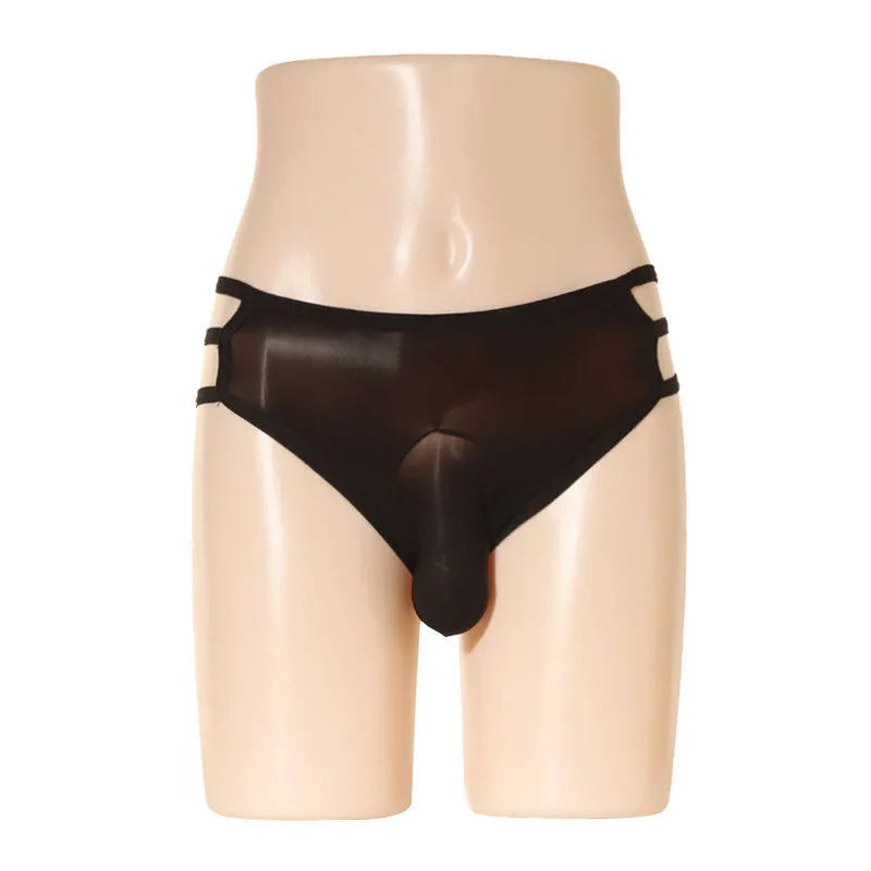 Men's transparent elephant nose shorts in stretch nylon fabric on a mid-waist model.