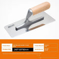 Stainless steel putty scraper with wooden handle for applying filler to walls and floors.