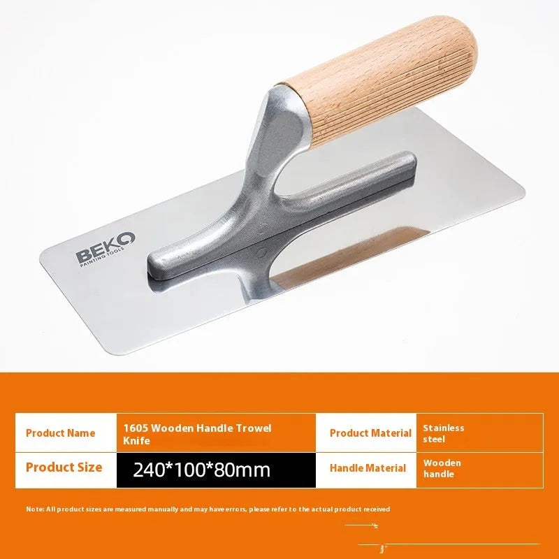Stainless steel putty scraper with wooden handle for applying filler to walls and floors.