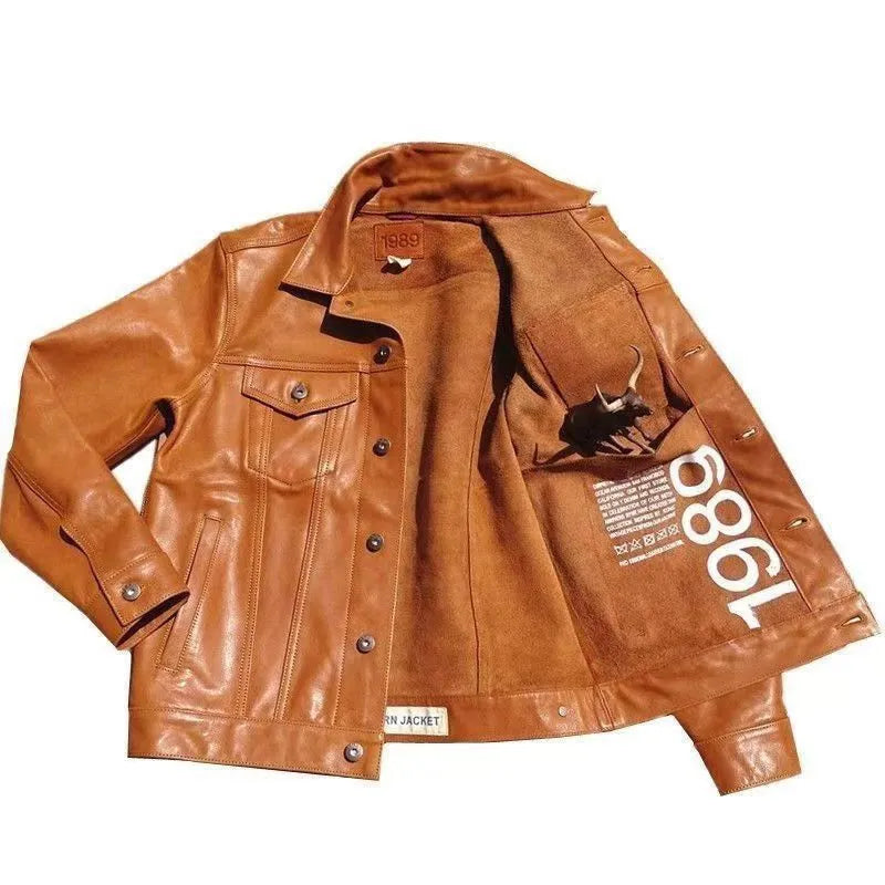 Men's cowhide leather jacket western cowboy retro workwear no lining short length black coffee