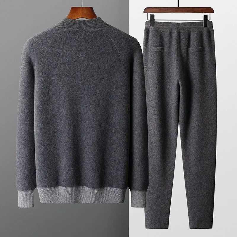 Men's navy blue cashmere blend knitted cardigan suit with half turtleneck zip and matching trousers