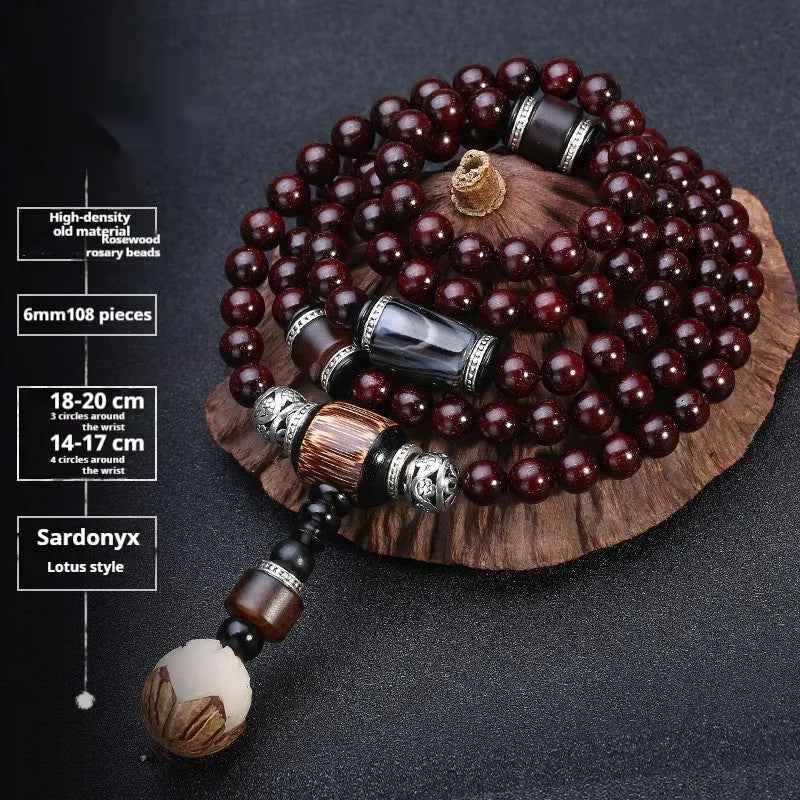 Men's rosewood bracelet with 108 beads, showing 6mm and 8mm size options alongside styles like lapis lazuli and turquoise.