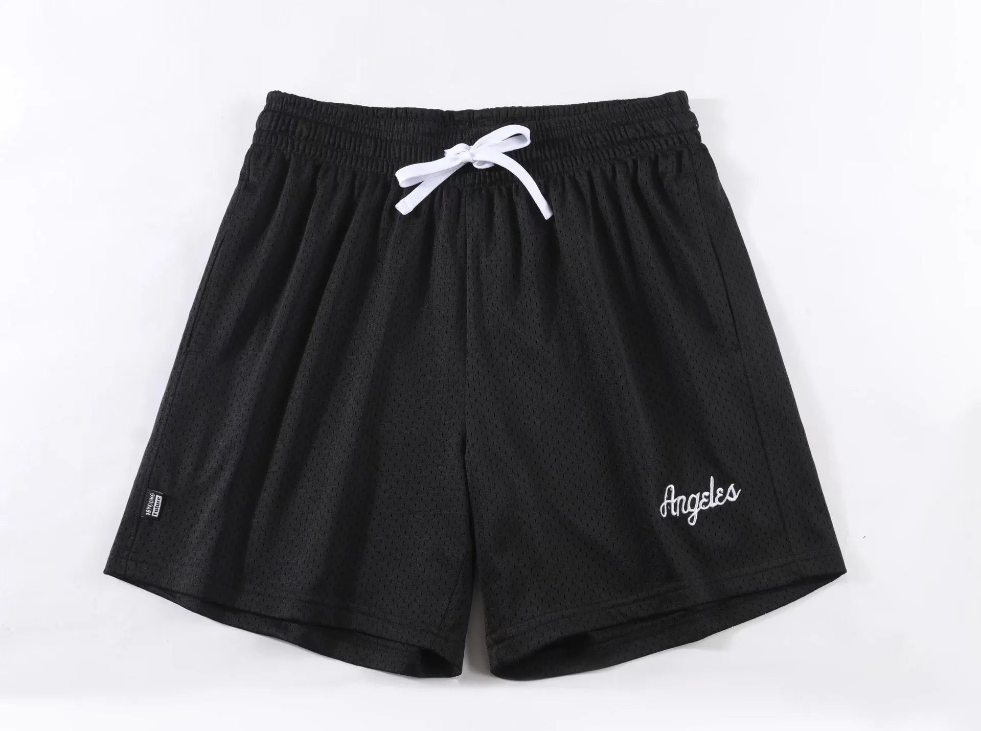 Men's black double layer mesh sports shorts made from polyester fabric for summer athletic wear.