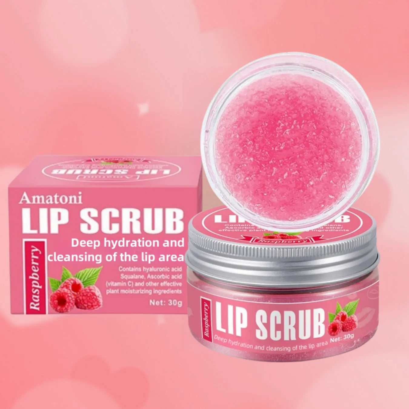 Amatoni 30g fruit flavour lip scrub cream jar in coconut raspberry vanilla watermelon options