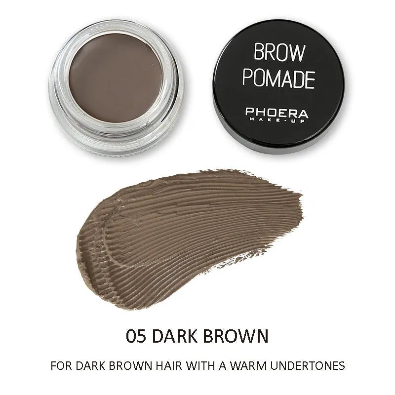 Phoera Eyebrow Cream in six colour shades with double-ended brush, taupe and soft brown pots visible