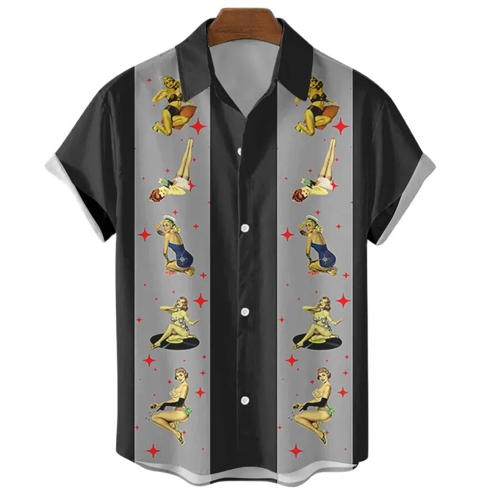 Men's striped Hawaiian shirt with button front and short sleeves in stretch elastic fabric