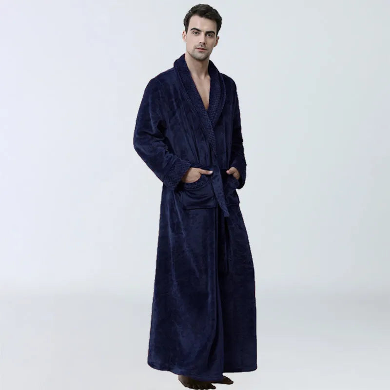 Men's winter flannel nightgown in gray with cardigan style, long sleeves, and knitted texture