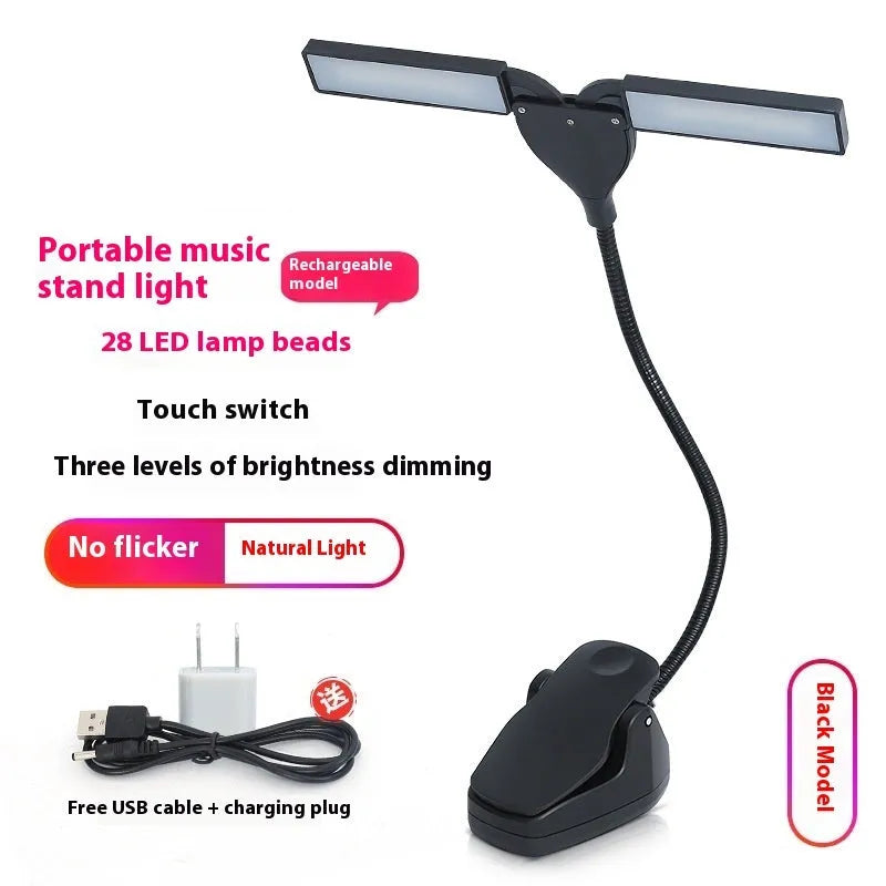 Black rechargeable music stand light with 28 LEDs clipped to metal music stand illuminating sheet music