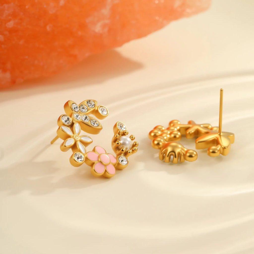 Colourful flower stud earrings with petal design made from 18K stainless steel