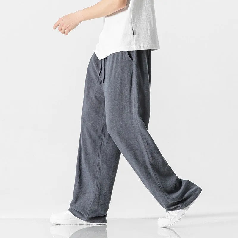 Men's bamboo fibre linen trousers in loose straight-leg cut with cropped length and drawstring waist