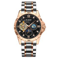 Men's automatic mechanical waterproof watch in rose gold, silver, or gold case with black starry sky, blue, or gold dial