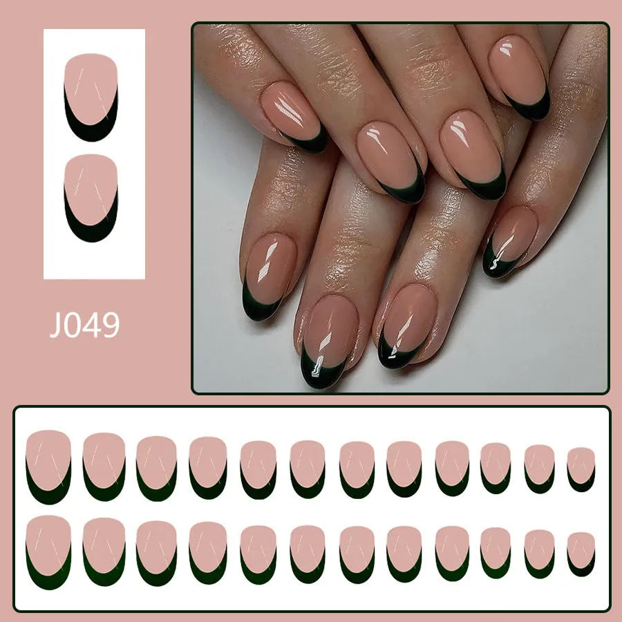 Black French manicure false nail set with 24 short almond shaped pieces