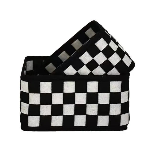 Grey and white checkerboard woven felt storage box shown folded and unfolded, with a tape measure indicating 37cm length.