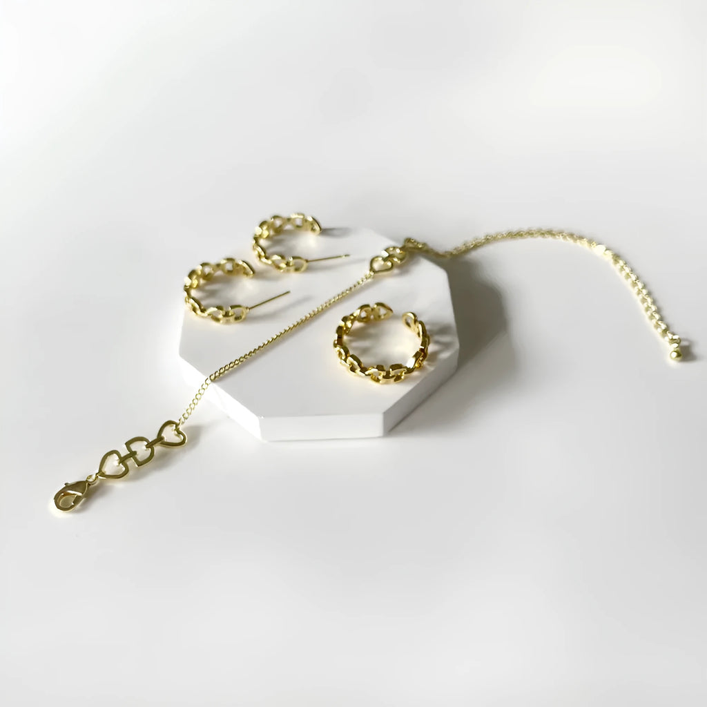 Copper geometric fashion jewelry set with ring, earrings, and bracelet, electroplated gold-plated finish inlaid artificial gems