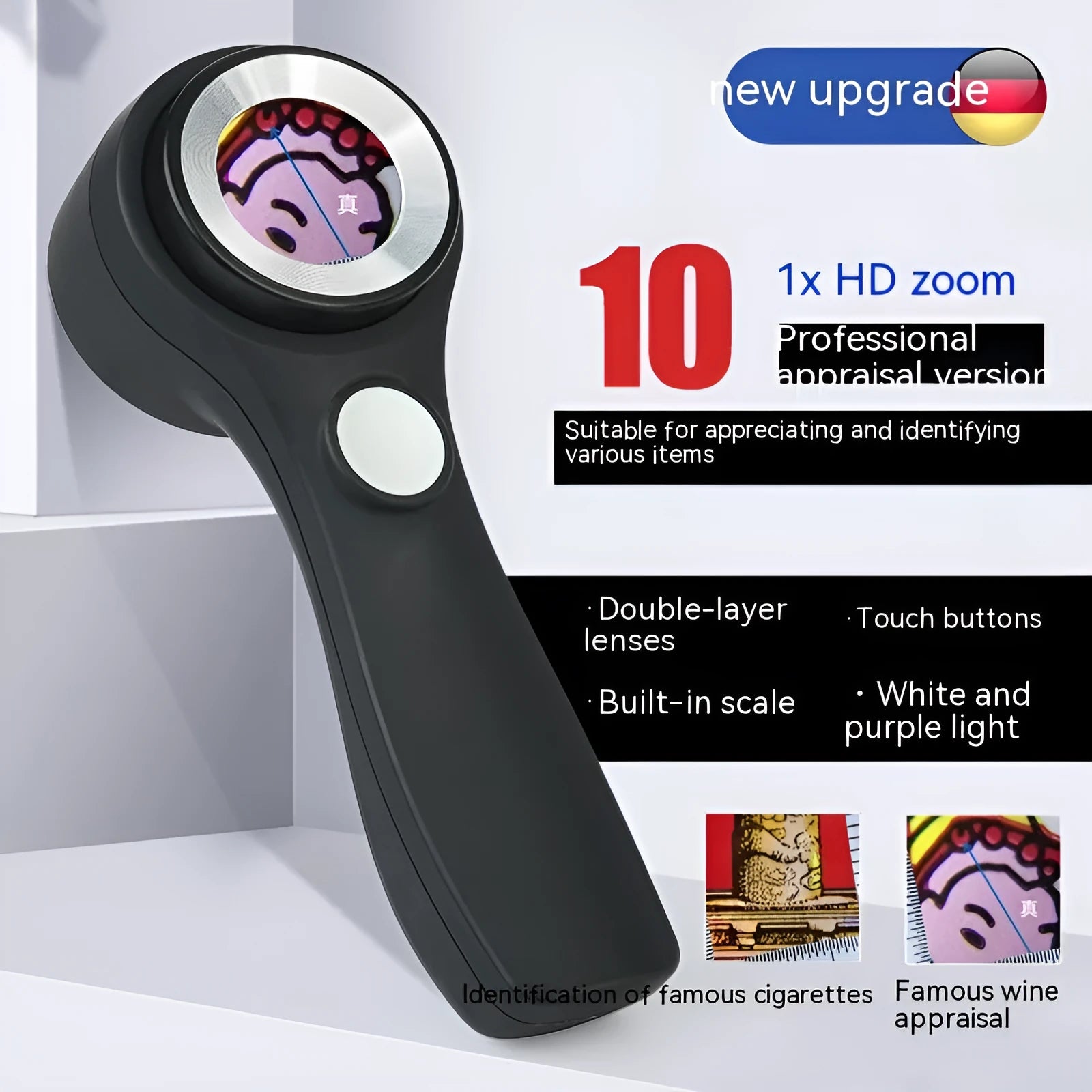 Black and silver metallic appraisal magnifying glass with 30mm optical glass lens and USB-C cable.