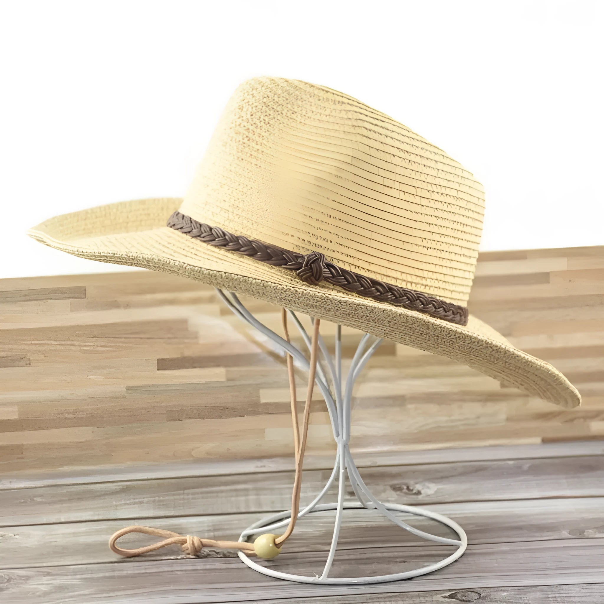 Men's foldable straw sun hat with wide brim in beige colour shown in medium size