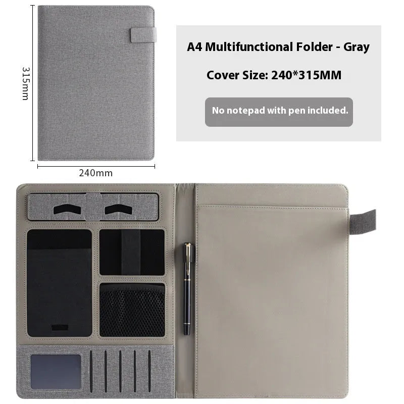 Leather A4 business folder in black showing document, pen, and notepad compartments