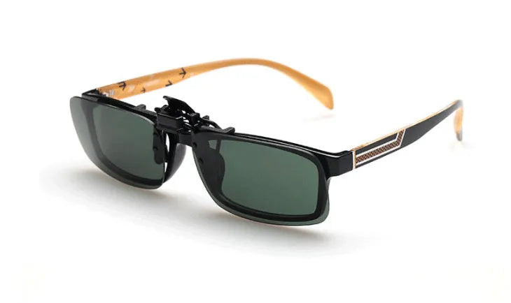 Myopia sunglasses clip in PC material for driving, shown in dark green, grey, and night vision lens options.