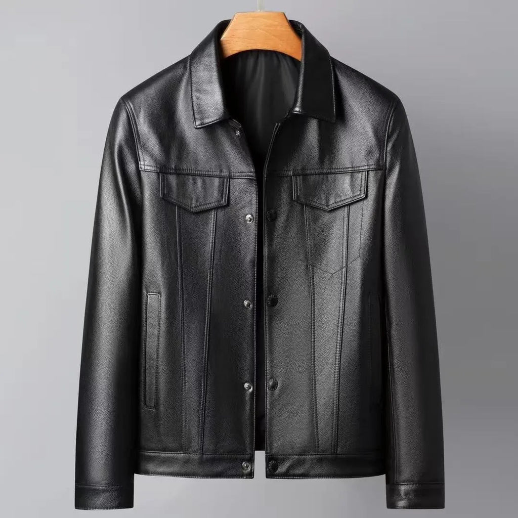Men's black first layer cowhide leather jacket with polo collar, front view, on display