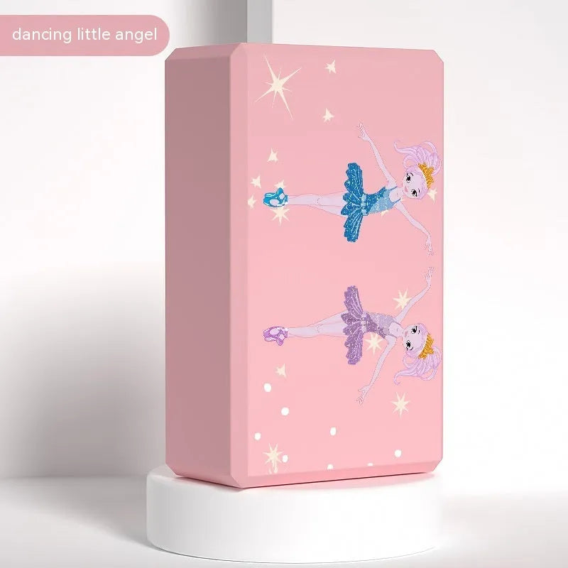 High-density EVA foam yoga block in various colours and prints on a workout mat.