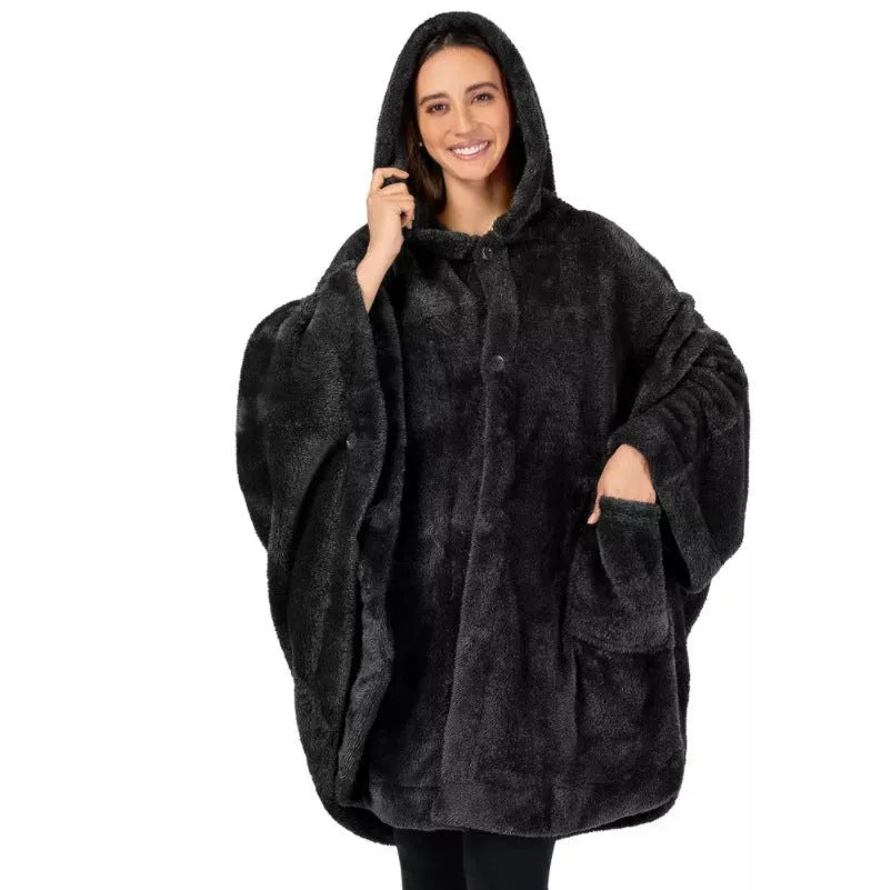 Super thick hooded polyester bathrobe in cardigan style with long sleeves