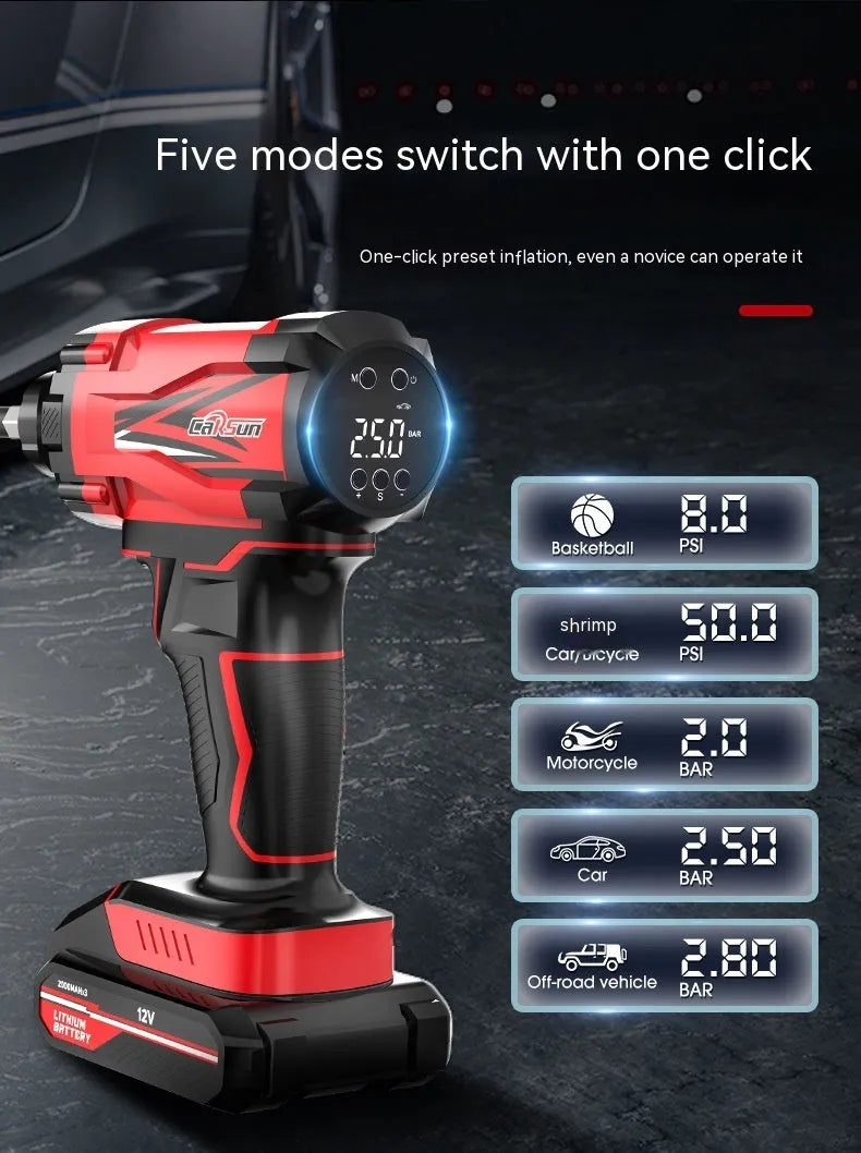 Red and black portable wireless car air pump with battery, power cable, and sports ball adapters