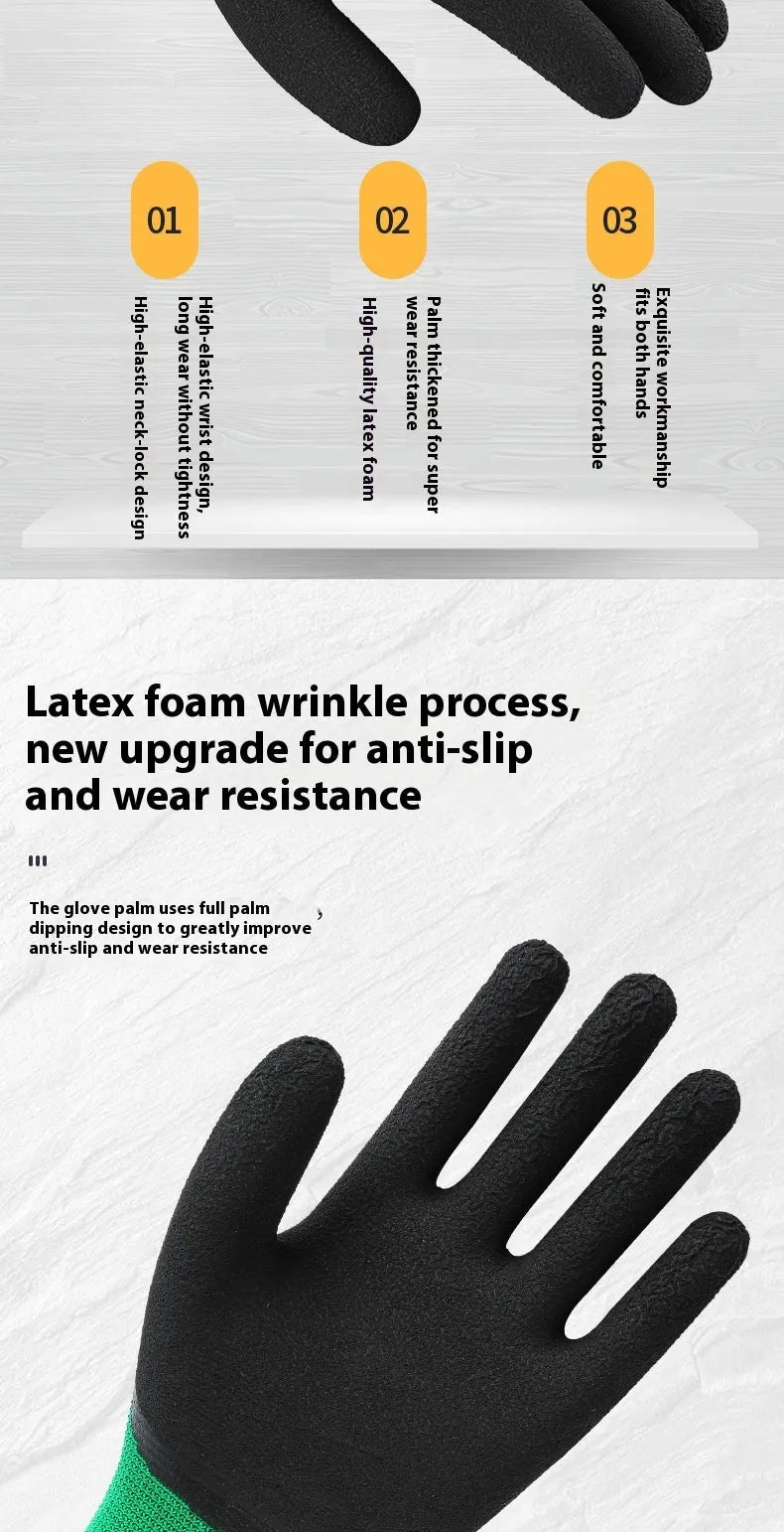 Black and green rubber work gloves with textured palm for non-slip grip, shown from multiple angles.