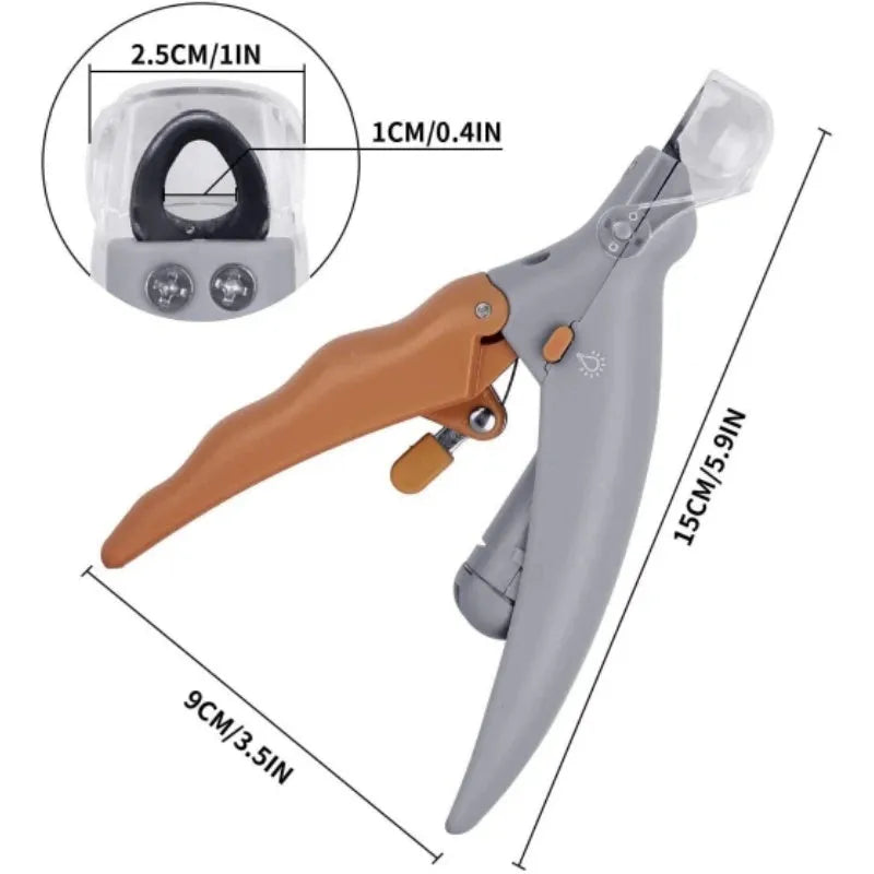 Yellow pet nail clipper with built-in LED light and magnifying lens for dogs and cats.
