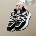 Women's black platform sports casual shoes with round toe and front lace-up design