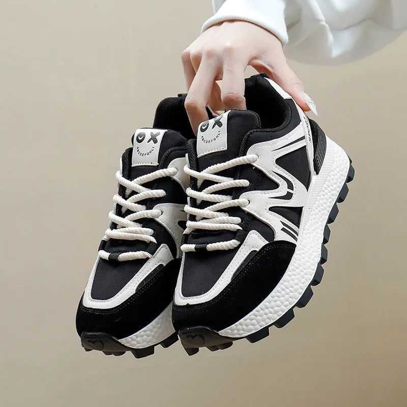 Women's black platform sports casual shoes with round toe and front lace-up design
