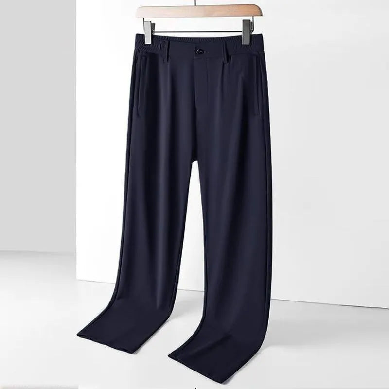 Men's loose straight leg Ice Silk trousers with elastic waistband in black colour