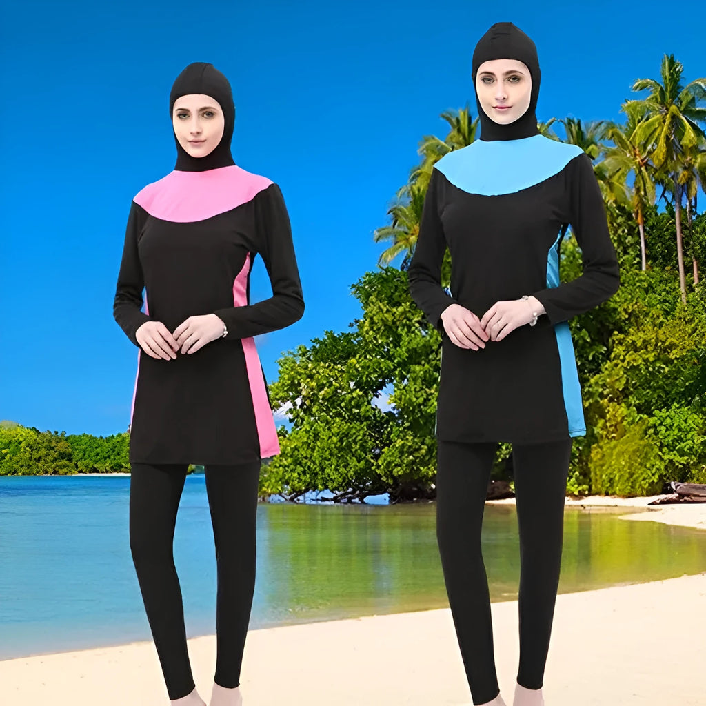 Black women's hooded swimsuit with long sleeves, shown in a conservative full-coverage design for swimming.