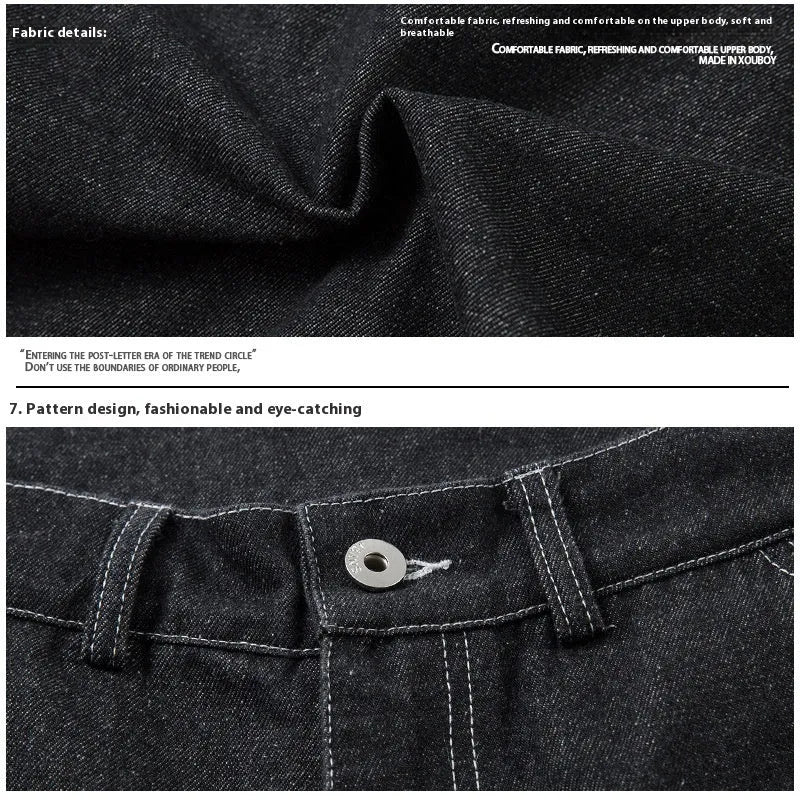 Black multi-pocket pleated workwear denim jeans with mid waist and zip placket
