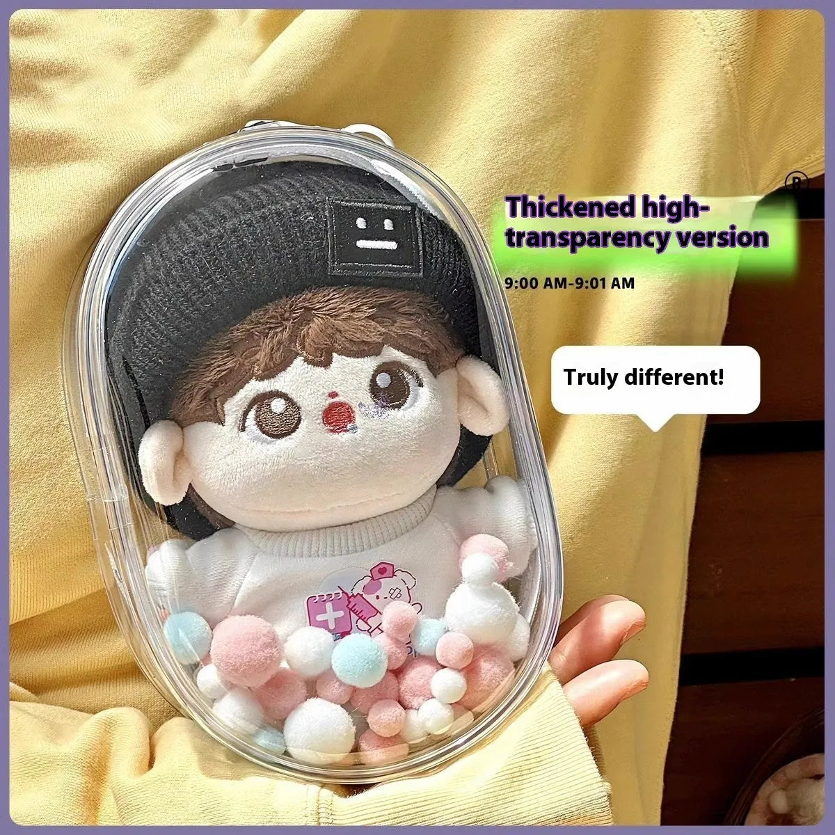 PVC cube storage bag for cotton dolls in avocado green colour with keychain attachment