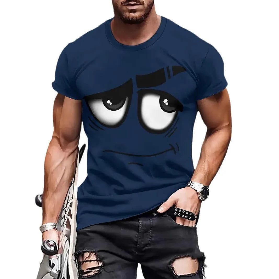 Casual loose anime digital printing short sleeve t-shirt pullover in dark blue front view