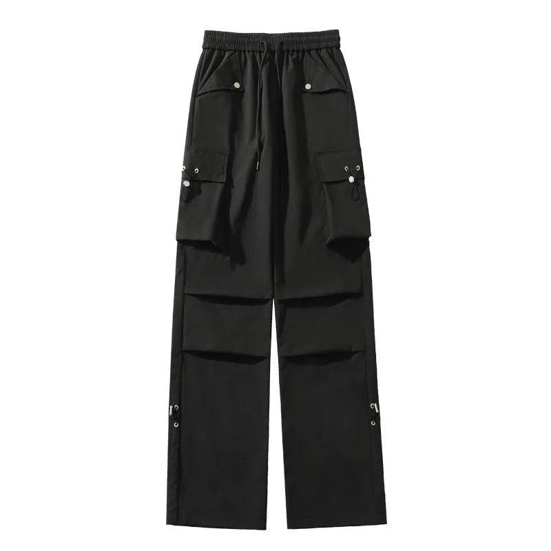 Black waterproof plus size loose fit straight-leg trousers with a drawstring waist.