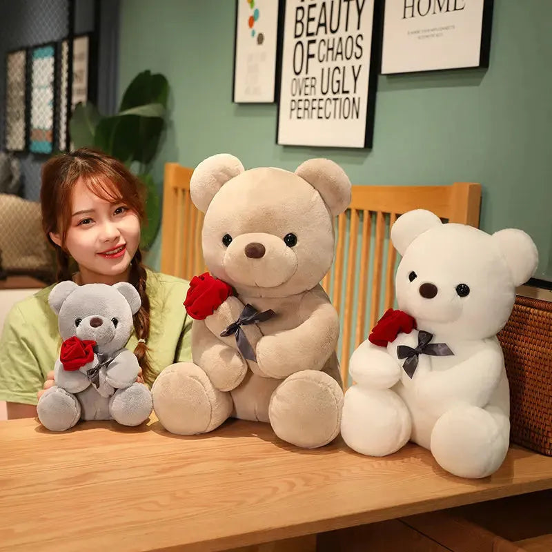 Rose bear plush pillow stuffed animal doll in beige, brown or grey with clear cartoon printing