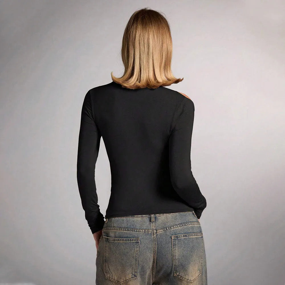 Black women's halter top with long sleeves and shoulder-baring design for slim fit fashion wear