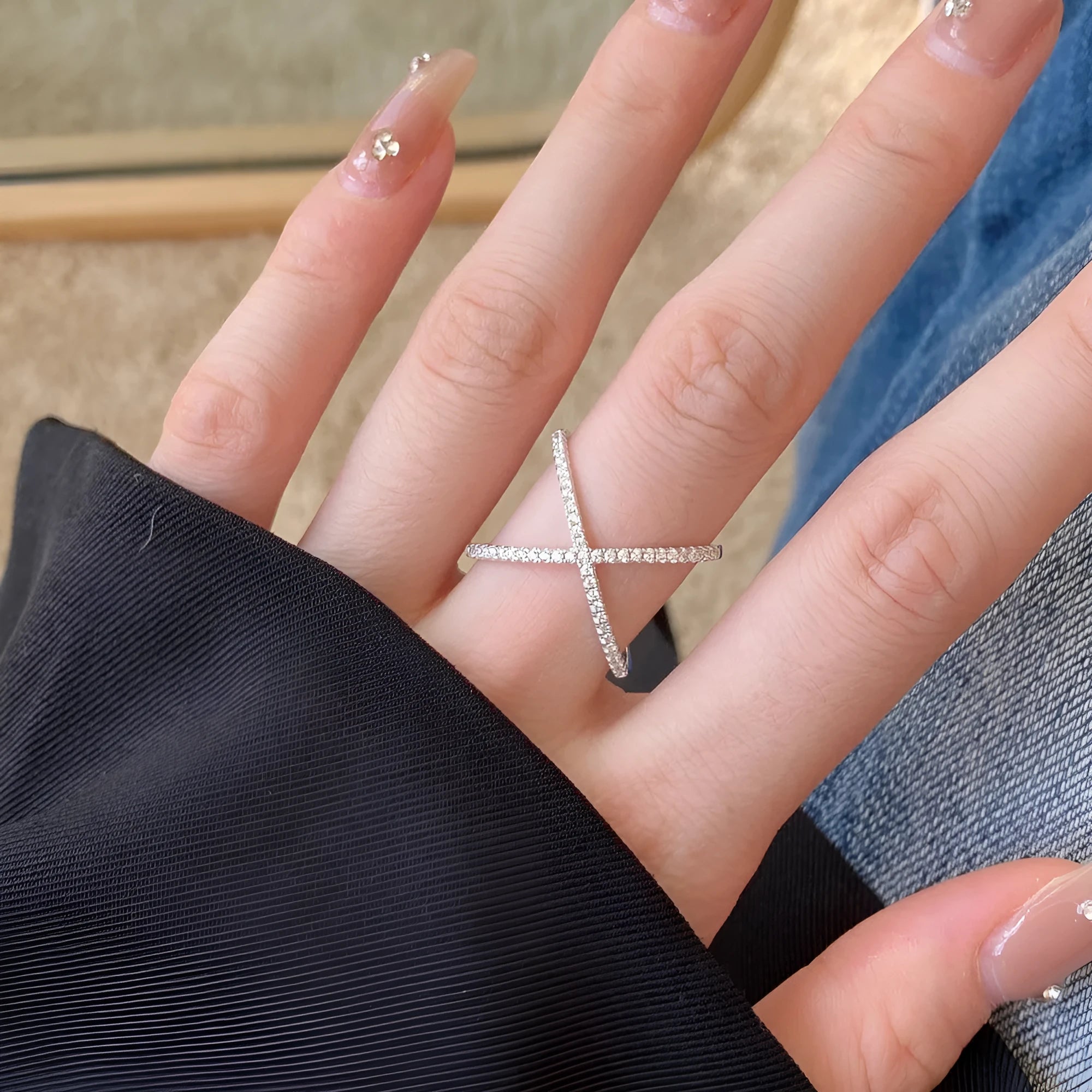 Female Zircon Inlaid Cross S925 Sterling Silver Ring Silver Colour Electroplated Finish