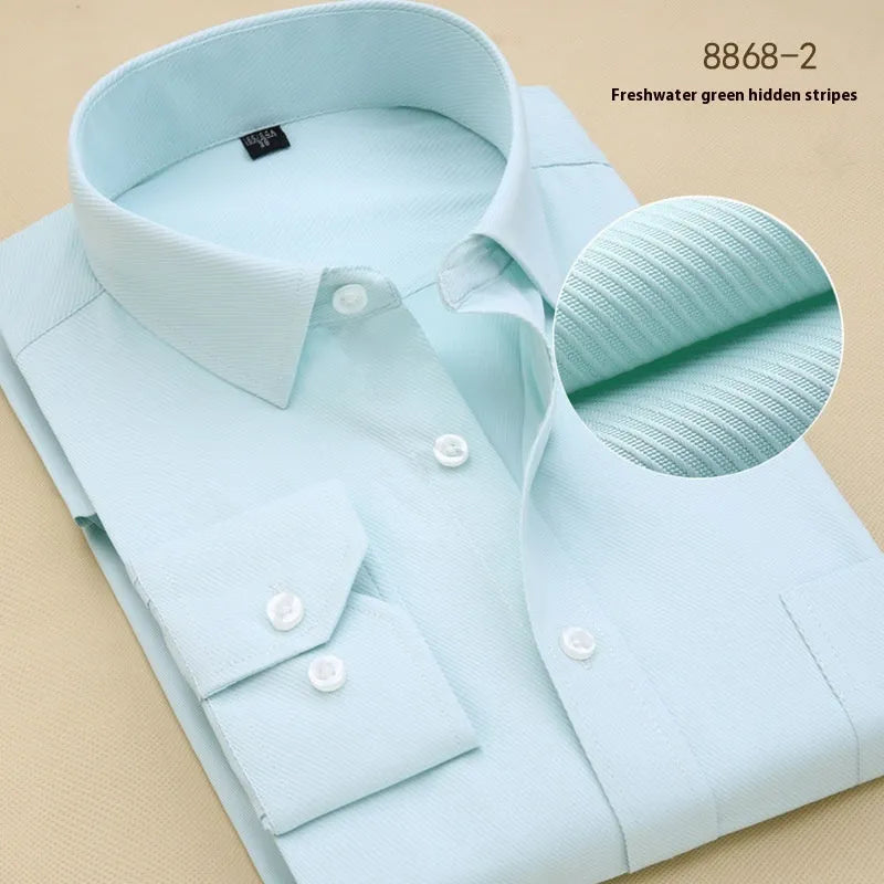 Men's black slim fit long sleeve cotton business shirt with cardigan style on a hanger.